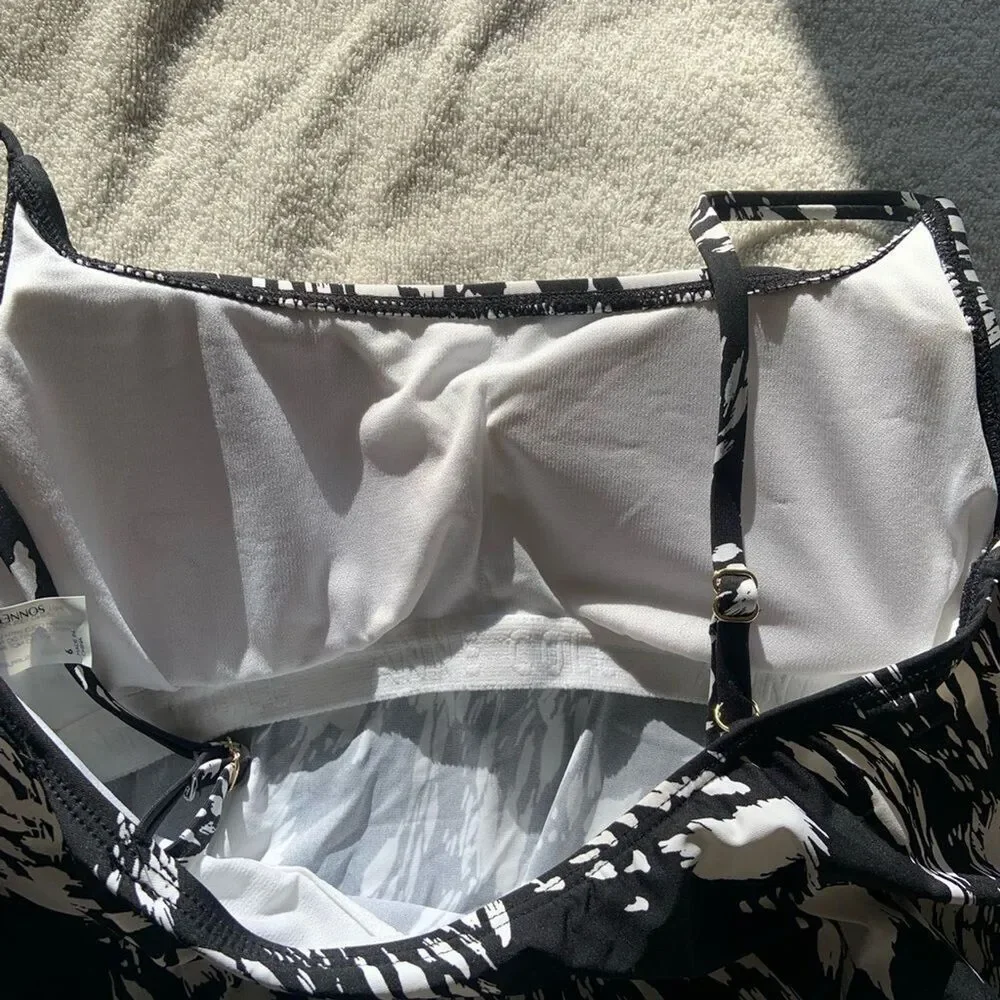 NWT Sonnet Shores Tankini Top Black and White Print Swimsuit Sz 6 Beach Cruise